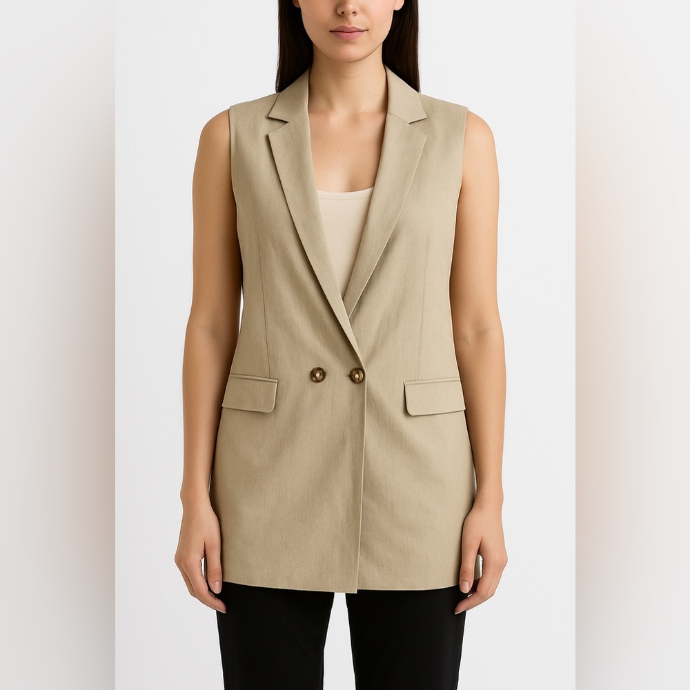 Halston Beige‎ Linen Sleeveless Blazer Vest Women’s Size S